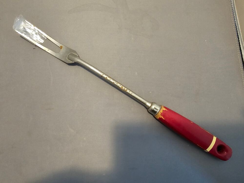 Vintage A&J 2-Prong Stainless Carving/Serving Fork w/Red Wood Handle - 12” Long